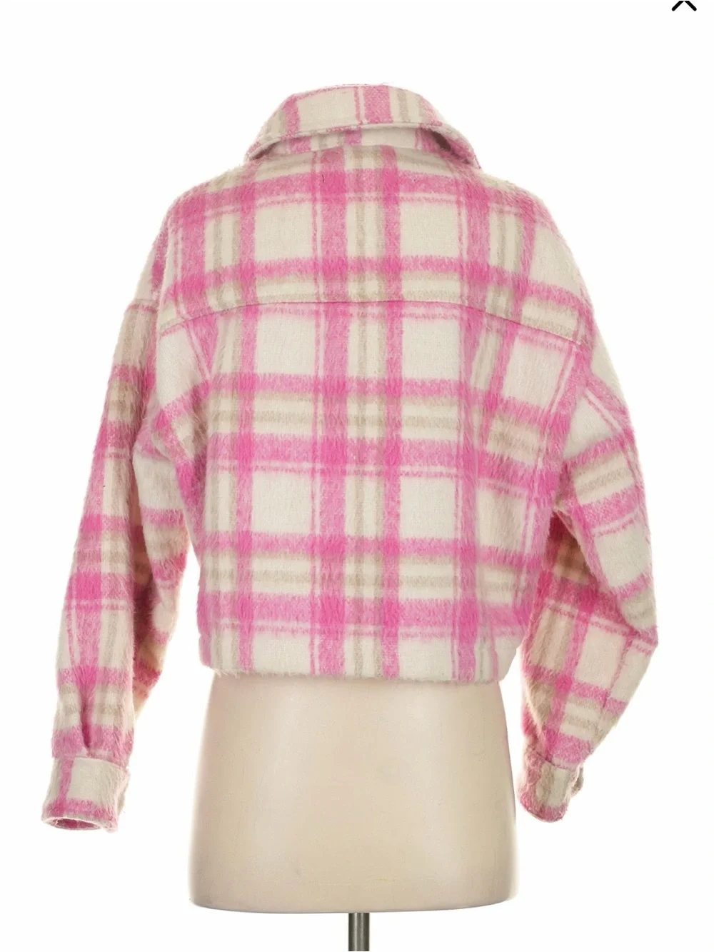 ZARA Pink and Cream Plaid Wool-Blend Shacket - Picture 4 of 5
